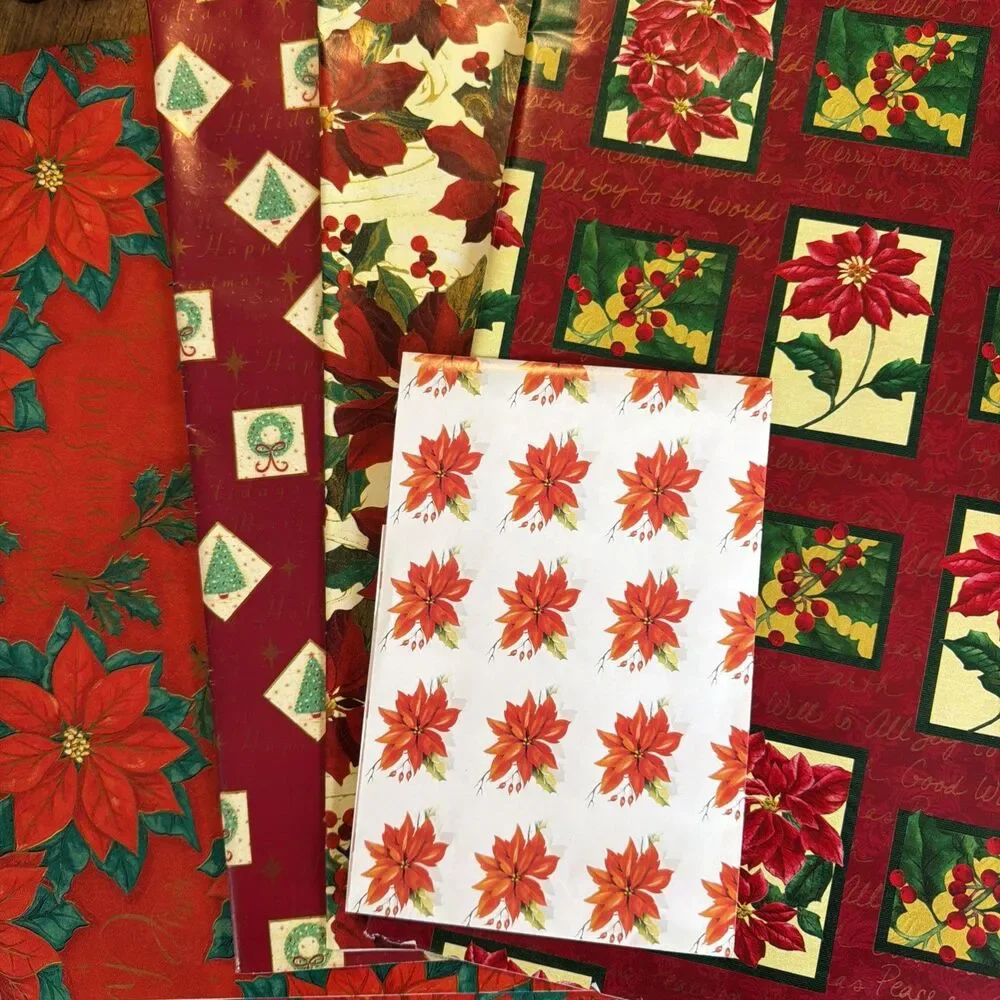 Lot of 5 Sheets Christmas Wrapping Paper Poinsettia Wreath Holiday Gift Wrap